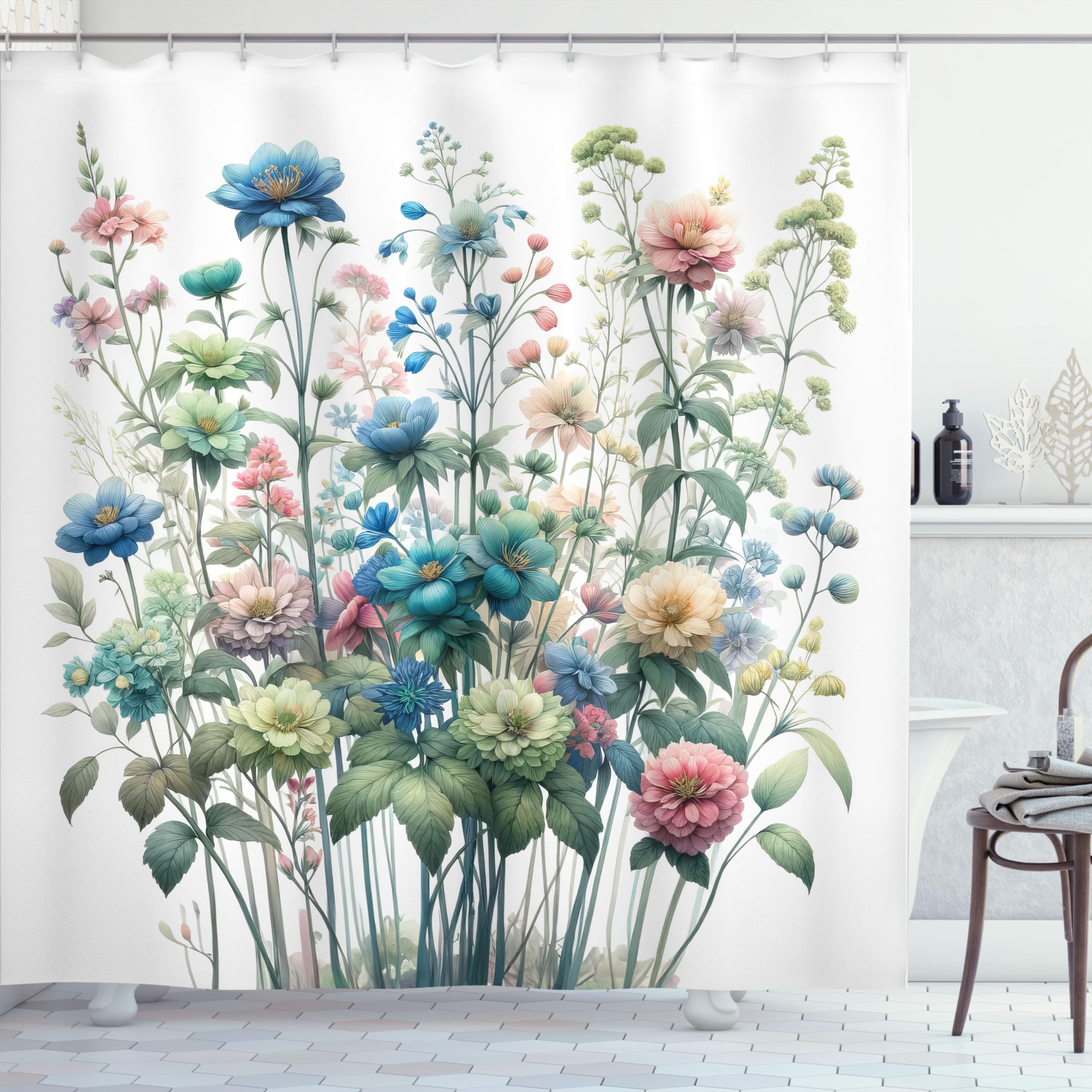 Ambesonne Floral Shower Curtain, Garden Bouquet Composition Of Dreamy Peony Flowers With Greenery Leaves, Cloth Fabric Bathroom